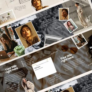 Puede incluir: Un collage de im&aacute;genes con una paleta de colores neutros, que presenta a una mujer en varias poses. Las im&aacute;genes incluyen superposiciones de texto con frases como "How to Simplify Your Content" y "Now it's your turn."