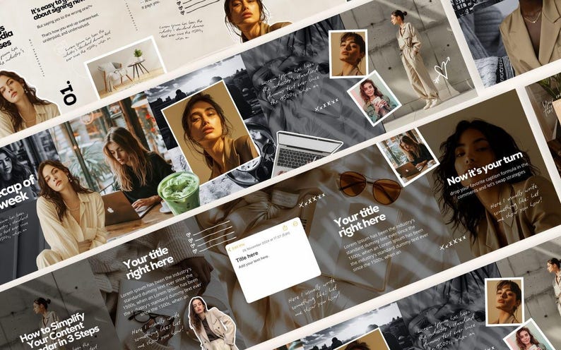 Puede incluir: Un collage de im&aacute;genes con una paleta de colores neutros, que presenta a una mujer en varias poses. Las im&aacute;genes incluyen superposiciones de texto con frases como "How to Simplify Your Content" y "Now it's your turn."