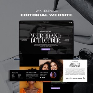 May include: A website template with a dark theme, featuring the text "YOUR BRAND. BUT LOUDER." and "EDITORIAL WEBSITE." The design includes sections for a menu, podcast, and contact information, with a focus on visual branding.