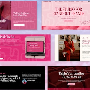 Op de afbeelding: Een verzameling roze en witte website-mockups met tekst. E&eacute;n mockup zegt "We Don't Just Create, It's A Whole Vibe." Een andere zegt "THE STUDIO FOR STANDOUT BRANDS." Een laptop toont "Say hello to Cherry Pop."