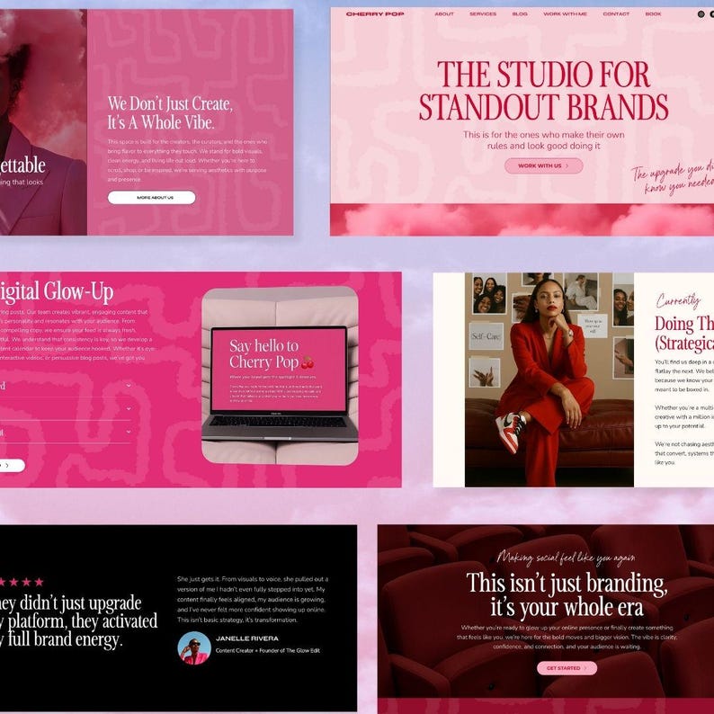 Op de afbeelding: Een verzameling roze en witte website-mockups met tekst. E&eacute;n mockup zegt "We Don't Just Create, It's A Whole Vibe." Een andere zegt "THE STUDIO FOR STANDOUT BRANDS." Een laptop toont "Say hello to Cherry Pop."