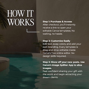 May include: Image with text that reads "HOW IT WORKS" and details on using Canva templates. The steps include purchasing, customizing, and sharing. The background features a pool and palm trees, creating a relaxing aesthetic.