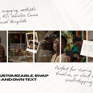 May include: A seamless Canva carousel template with multiple images and text. The text includes "Create an engaging, aesthetic feed" and "FULLY CUSTOMIZABLE SWAP PHOTOS AND OWN TEXT". The template is designed for sharing stories and client results.