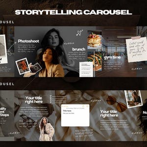 Puede incluir: Un gr&aacute;fico digital con el texto "Storytelling Carousel" en la parte superior. La imagen se divide en dos secciones, "Fifth Carousel" y "Sixth Carousel", cada una con m&uacute;ltiples im&aacute;genes y superposiciones de texto, incluyendo "Photoshoot", "brunch" y "gym time".