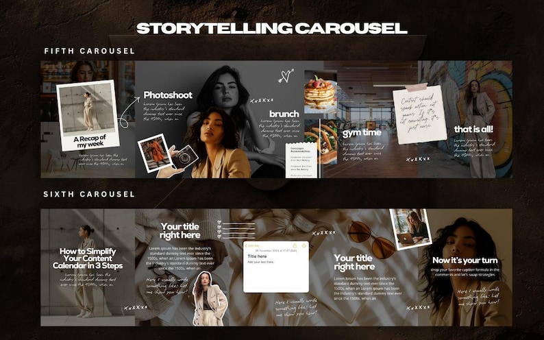 Puede incluir: Un gr&aacute;fico digital con el texto "Storytelling Carousel" en la parte superior. La imagen se divide en dos secciones, "Fifth Carousel" y "Sixth Carousel", cada una con m&uacute;ltiples im&aacute;genes y superposiciones de texto, incluyendo "Photoshoot", "brunch" y "gym time".