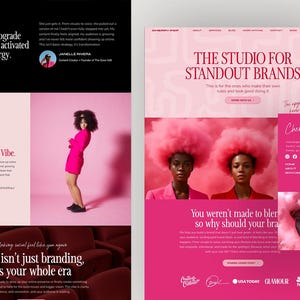Op de afbeelding: Een website-ontwerp met een roze en wit kleurenschema. Het ontwerp bevat een vrouw in een roze jurk, een citaat en de tekst "THE STUDIO FOR STANDOUT BRANDS". De website heeft ook een pop-up met de tekst "Cherry Pop".