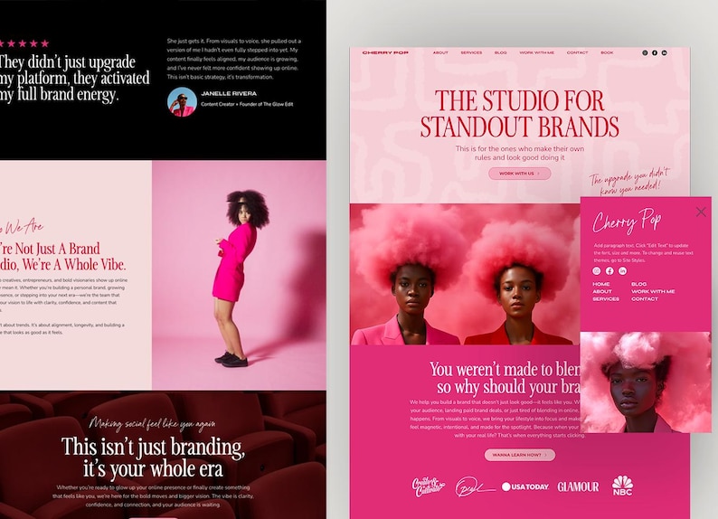 Op de afbeelding: Een website-ontwerp met een roze en wit kleurenschema. Het ontwerp bevat een vrouw in een roze jurk, een citaat en de tekst "THE STUDIO FOR STANDOUT BRANDS". De website heeft ook een pop-up met de tekst "Cherry Pop".