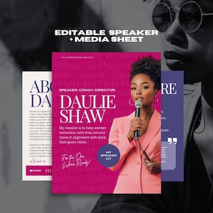 May include: A promotional graphic with a magenta background features the text "EDITABLE SPEAKER + MEDIA SHEET." The central image showcases a woman holding a microphone, with the name "DAULIE SHAW" prominently displayed. Additional text includes "MY SPEAKER KIT."