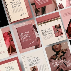 May include: A collection of social media templates featuring a mix of cream and dusty rose backgrounds. The designs include ring-bound planner pages, serif typography with the text Place Your Tip Number Right Here, and photographic inserts.
