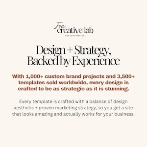May include: Cream-colored graphic with the text "Joa creative lab FOR ENTREPRENEURS" at the top. The text "Design + Strategy, Backed by Experience" is in the center. The text below states the company has over 1,000 custom brand projects and 3,500+ templates sold.