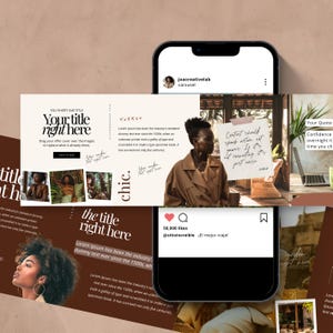 May include: A smartphone displays a carousel of images and text, including the words "Your title right here" and "chic." The Instagram post shows a photo with the text "Content should spark action not yawn." The post has 50,000 likes.