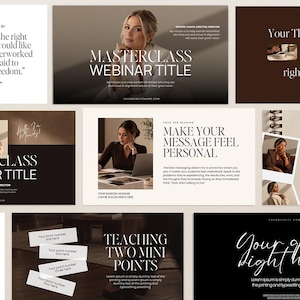 May include: A collection of digital presentation slides featuring a neutral color palette of brown, beige, black, and white. The layouts include serif typography, placeholder text, and photographic portraits of a person, designed for a masterclass webinar.