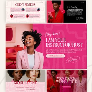 May include: A promotional graphic with a pink and white color scheme. The graphic includes text such as "Client Reviews," "Module One," and "Your Course/Webinar Title." Images of women are also featured.