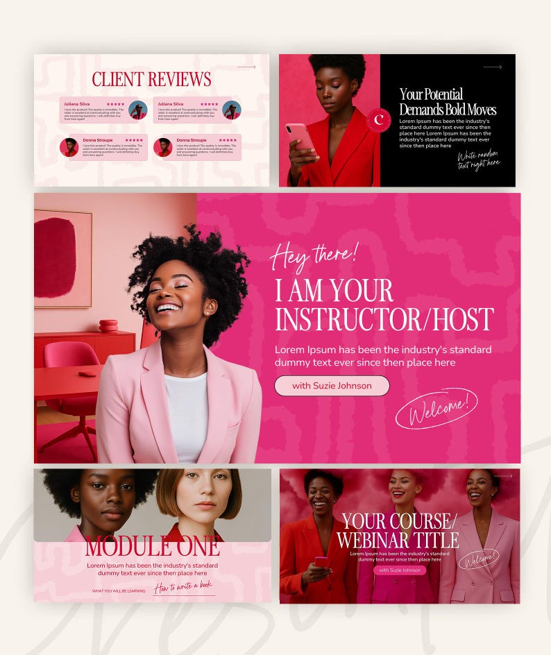May include: A promotional graphic with a pink and white color scheme. The graphic includes text such as "Client Reviews," "Module One," and "Your Course/Webinar Title." Images of women are also featured.