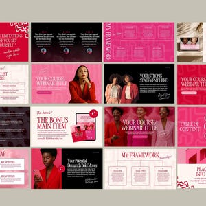 May include: A collection of pink and white presentation slides with text and images. The slides feature phrases like "Your Only Limitations" and "Your Course/Webinar Title." The overall theme is business and self-improvement.