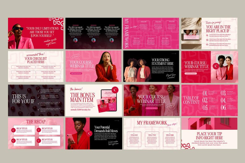 May include: A collection of pink and white presentation slides with text and images. The slides feature phrases like "Your Only Limitations" and "Your Course/Webinar Title." The overall theme is business and self-improvement.
