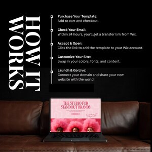 Op de afbeelding: Een laptop met een website-sjabloon met de tekst "THE STUDIO FOR STANDOUT BRANDS" en instructies over het gebruik van de sjabloon. De instructies staan op een zwarte achtergrond met de woorden "HOW IT WORKS" in het wit.