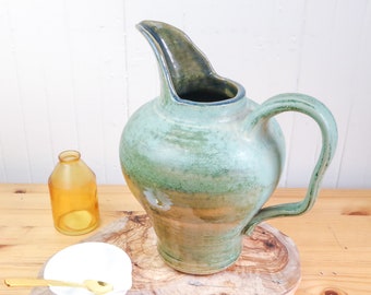 Swedish Farmhouse Pitcher, Ceramic Kitchen Vase, Retro Green Kitchen Island Decor, Vintage Flower Pot