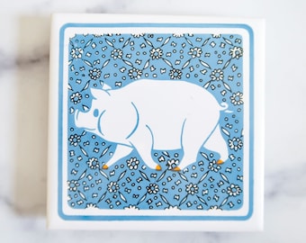 Vintage Blue Pig Tile Trivet, Vintage Decor Trivet