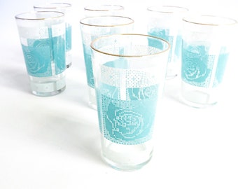 Mid Century Modern Turquoise White Hazel Glassware Etched Set, Vintage Lemonade Glasses