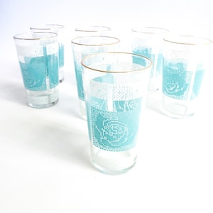 Mid Century Modern Turquoise White Hazel Glassware Etched Set, Vintage Lemonade Glasses