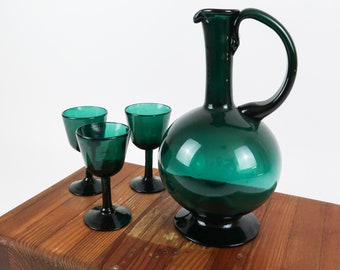 Handblown Dark Green Glass Set, Emerald Green Pitcher and Cups Vintage Set, Unique Drinking Cocktail Glasses, Table Decor Vintage Glasses