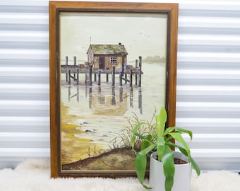 Framed Wall Art Artist Signed Dock Painting of Waterscape Vintage Painting Living Room Wall Art