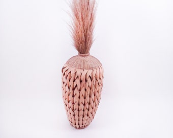 Woven Palm Basket Vase, Vintage Woven Vase, Boho Decor Vase