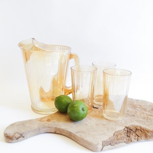 Vintage Peach Lusterware Pitcher Set: Honeycomb Ribbed Glass