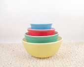 Vintage Pyrex Primary Color Mixing Bowl Full Numbered Set, 401, 402, 403, 404, Yellow, Red, Blue, Green Nesting Bowls