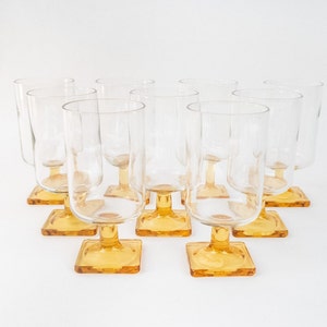 Retro Gold Base Cups, Vintage Amber Cups Set, Pedestal Drinking Glasses image 3