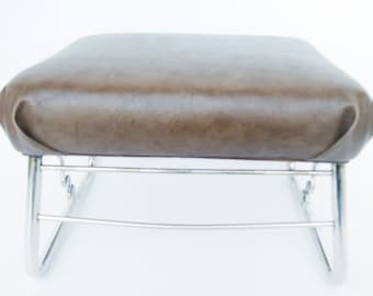 Brown Vinyl Leather Ottoman with Adjustable Metal Legs, Retro Furniture for Farmhouse Decor