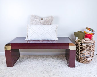 Purple Entry Table Hollywood Regency Gold and Maroon End Tables, Vintage Lacquered Bedroom bench, Long Retro Patio Bench Unique Coffee Table