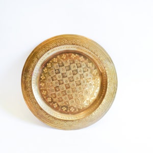 Vintage Etched Brass Tray: Small Round Wall Hanging (7.75&quot;D)