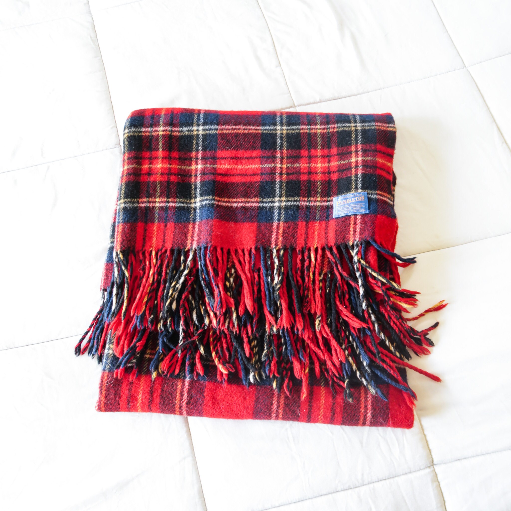 ヴィンテージチェック柄ウールペンドルトンブランケット（フリンジ付き