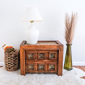 Vintage Brutalist Wood Nightstand: Handmade Mid Century Bedside Table