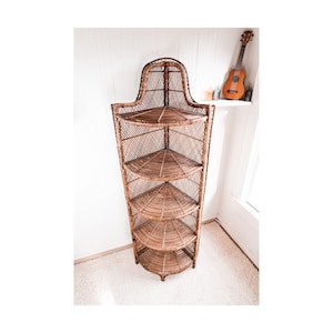Rattan Corner Shelf, Boho Style Vintage Book Shelf, Mid Century Wood Furniture