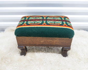 Wooden Stool With Pendleton Beaver Green Blanket Upholstery, Accent Furniture for Living Room