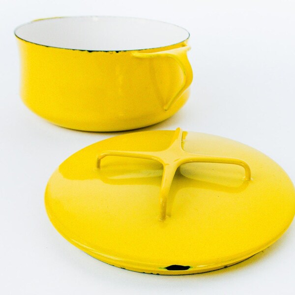 Dansk Enamelware Pot with Lid, Retro Yellow Serving Pot , Vintage Kitchen Danish Pot - Made in Denmark Christmas Gift