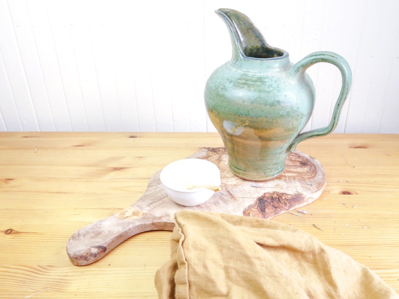 Swedish Farmhouse Pitcher, Ceramic Kitchen Vase, Retro Green Kitchen Island Decor, Vintage Flower Pot image 8