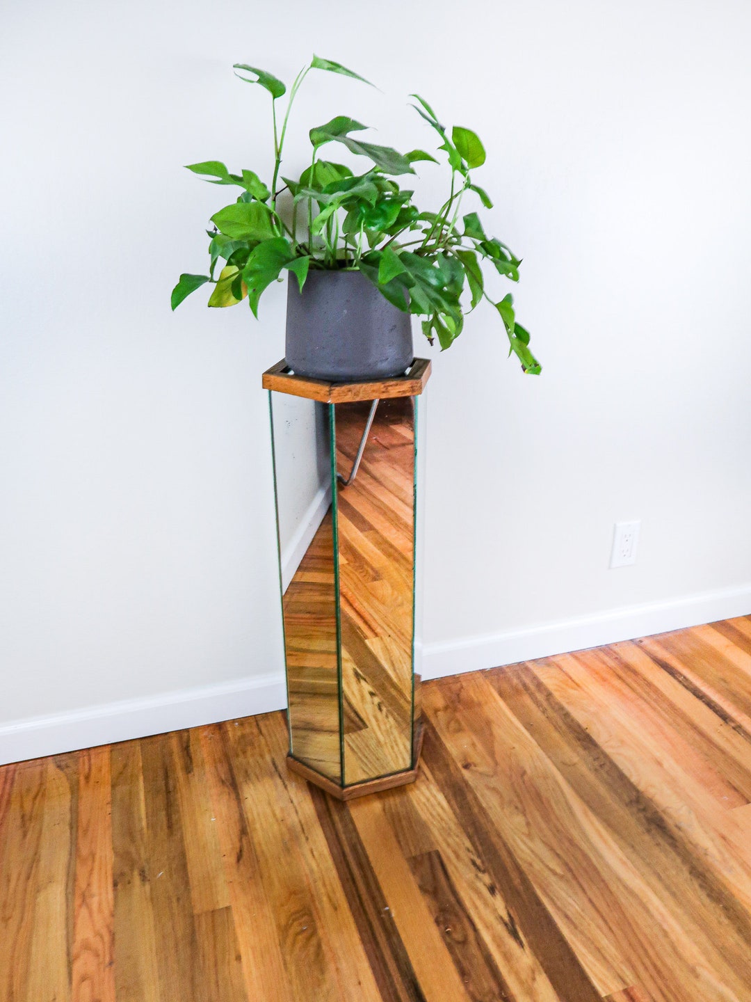 Geometric Plant Stand, Vintage Mirrored Table, Mirrored Retro Furniture