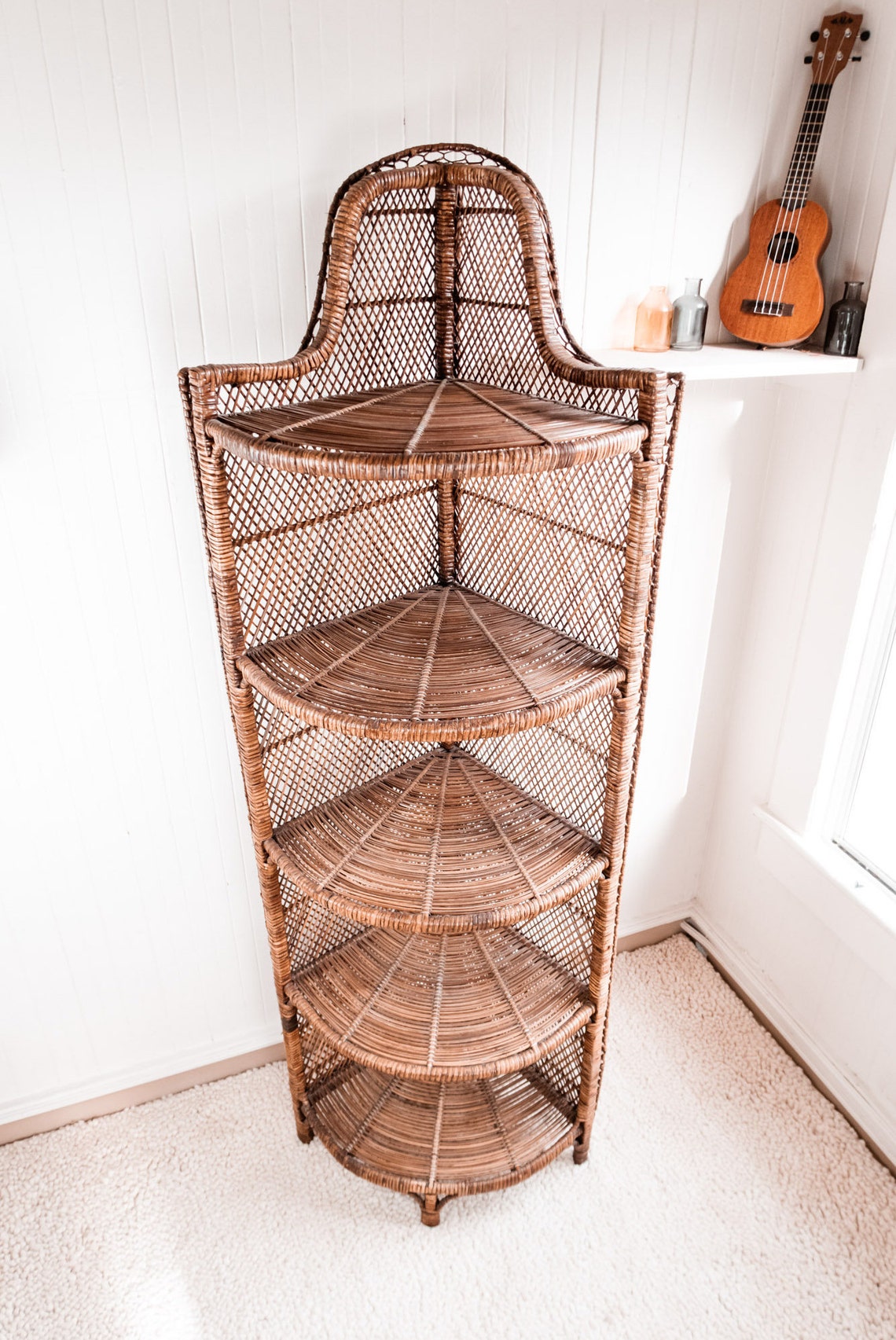 Boho Style Vintage Rattan Corner Shelf / Bookshelf Etsy