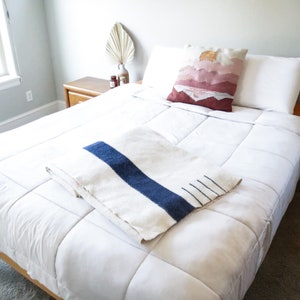 White and Blue Wool Blanket with Hand Stitched, 4 Point Blanket, White Bed Blanket