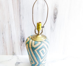 Teal and Brass Ceramic Stoneware Lamp, Mid Century Table Lamp