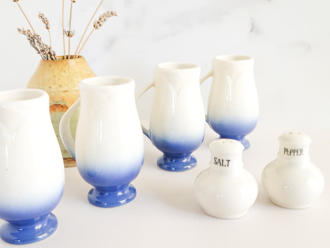 Blue Ombre Mugs, Vintage Mug Set , Retro Tea Party Mugs, Pedestal