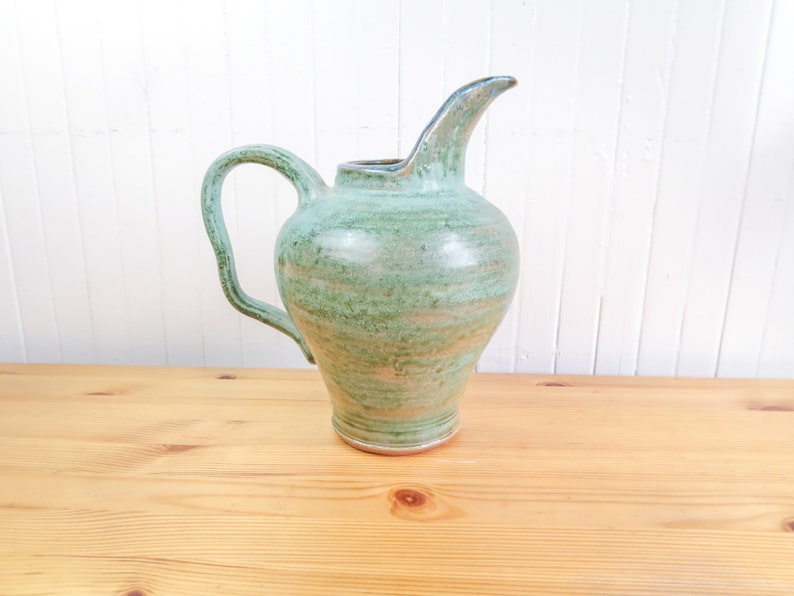 Swedish Farmhouse Pitcher, Ceramic Kitchen Vase, Retro Green Kitchen Island Decor, Vintage Flower Pot image 2