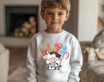 Bluza młodzieżowa Gildan 18000B | Uroczy okrągły kołnierzyk z krowim wzorem dla dzieci | Prezent dla miłośnika zwierząt gospodarskich