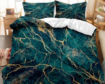 Marble Gold and Light Blue Quicksand Design 3 Piece Duvet Set