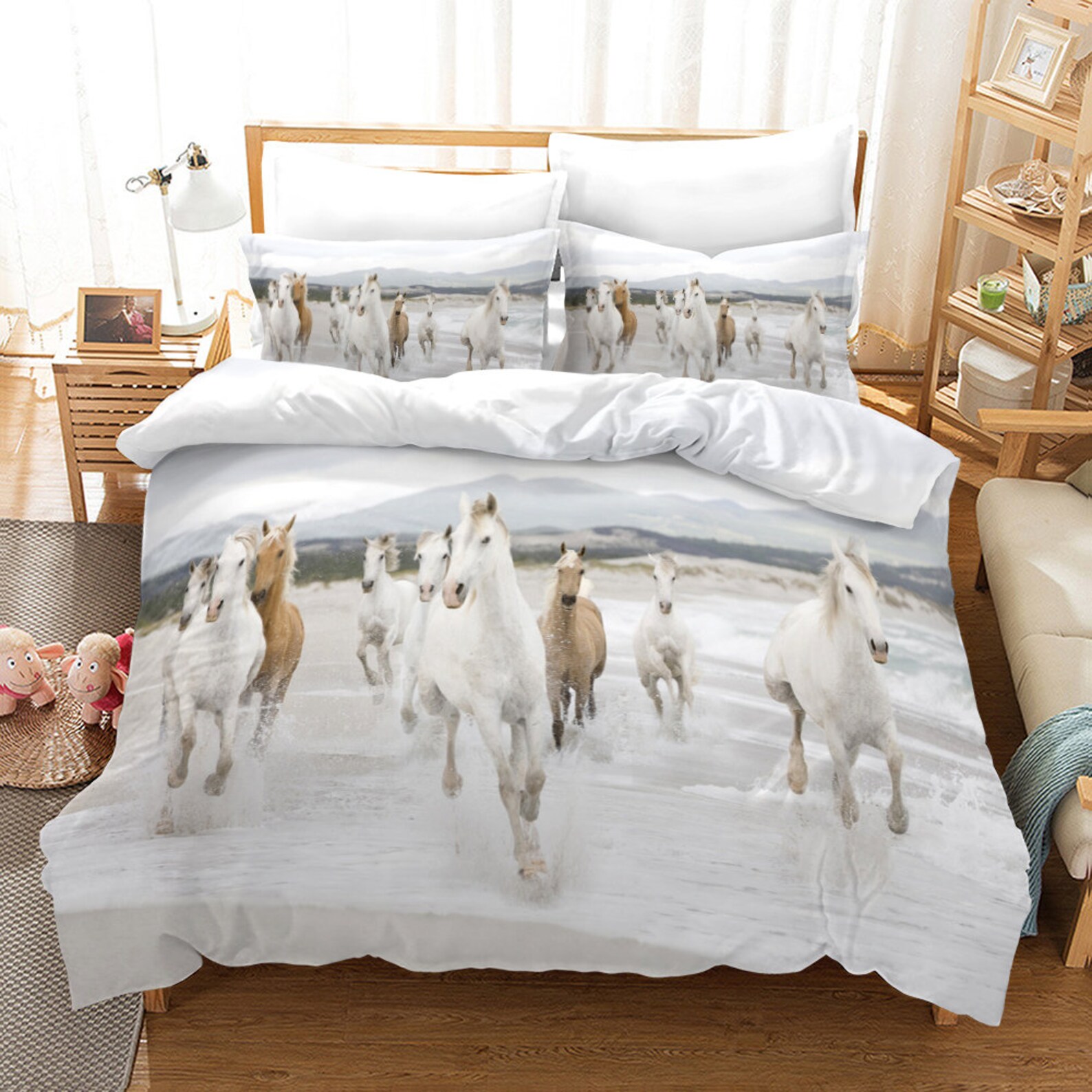 White Steed Duvet Cover Full3d Running Horses Print Bedding Etsy