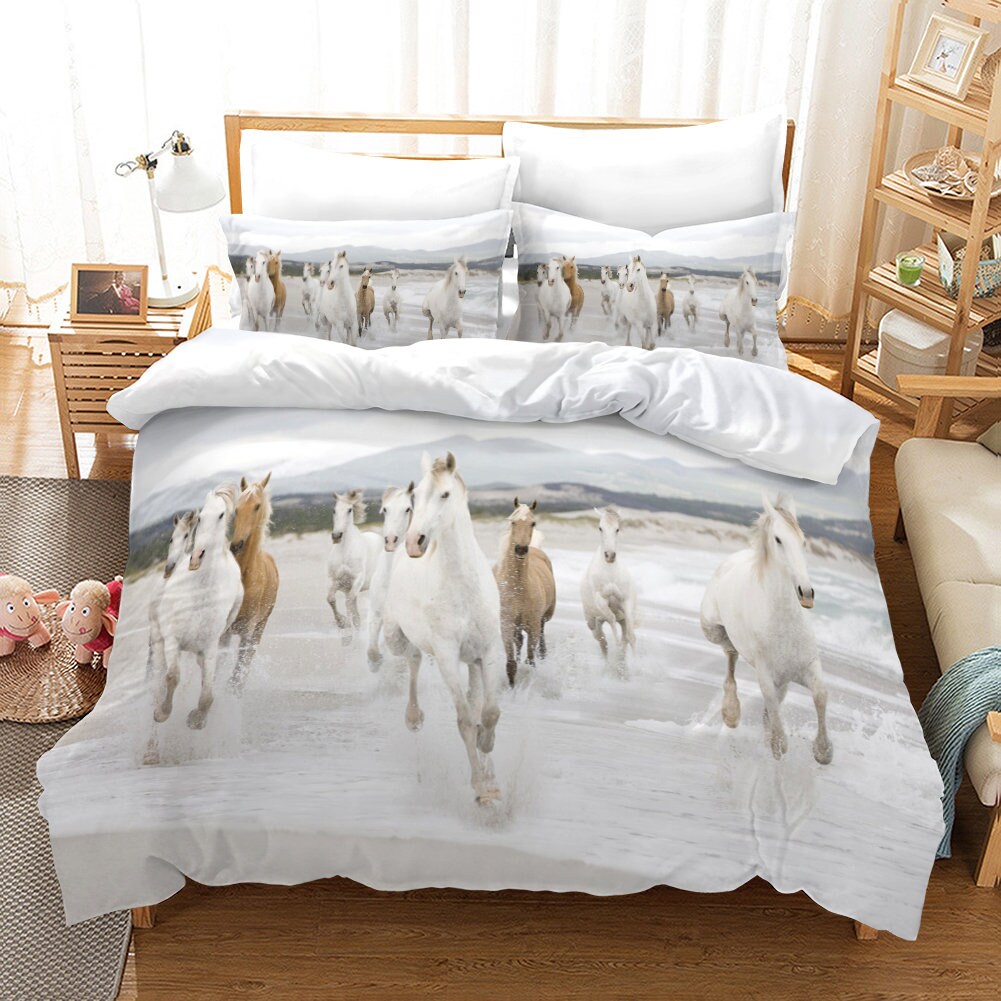 White Steed Duvet Cover Full3d Running Horses Print Bedding Etsy